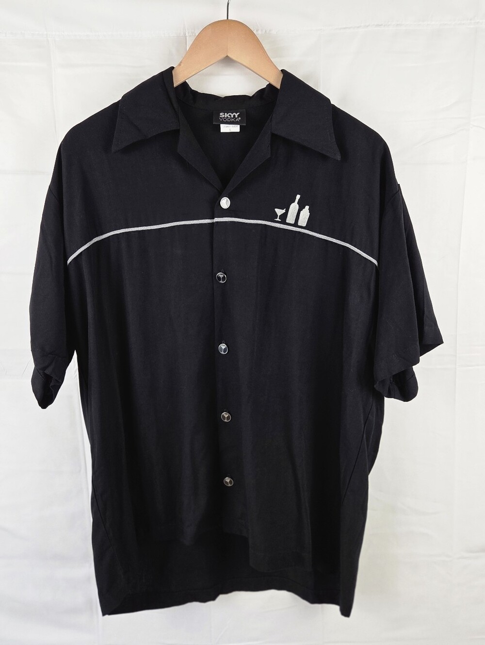 Skyy Vodka Bartender Camp Collar Shirt Mens Large Black Short Sleeve Martini Vtg